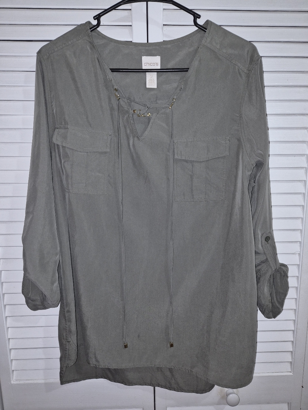 Chico's Moss Green Tie-Neck Utility Tunic